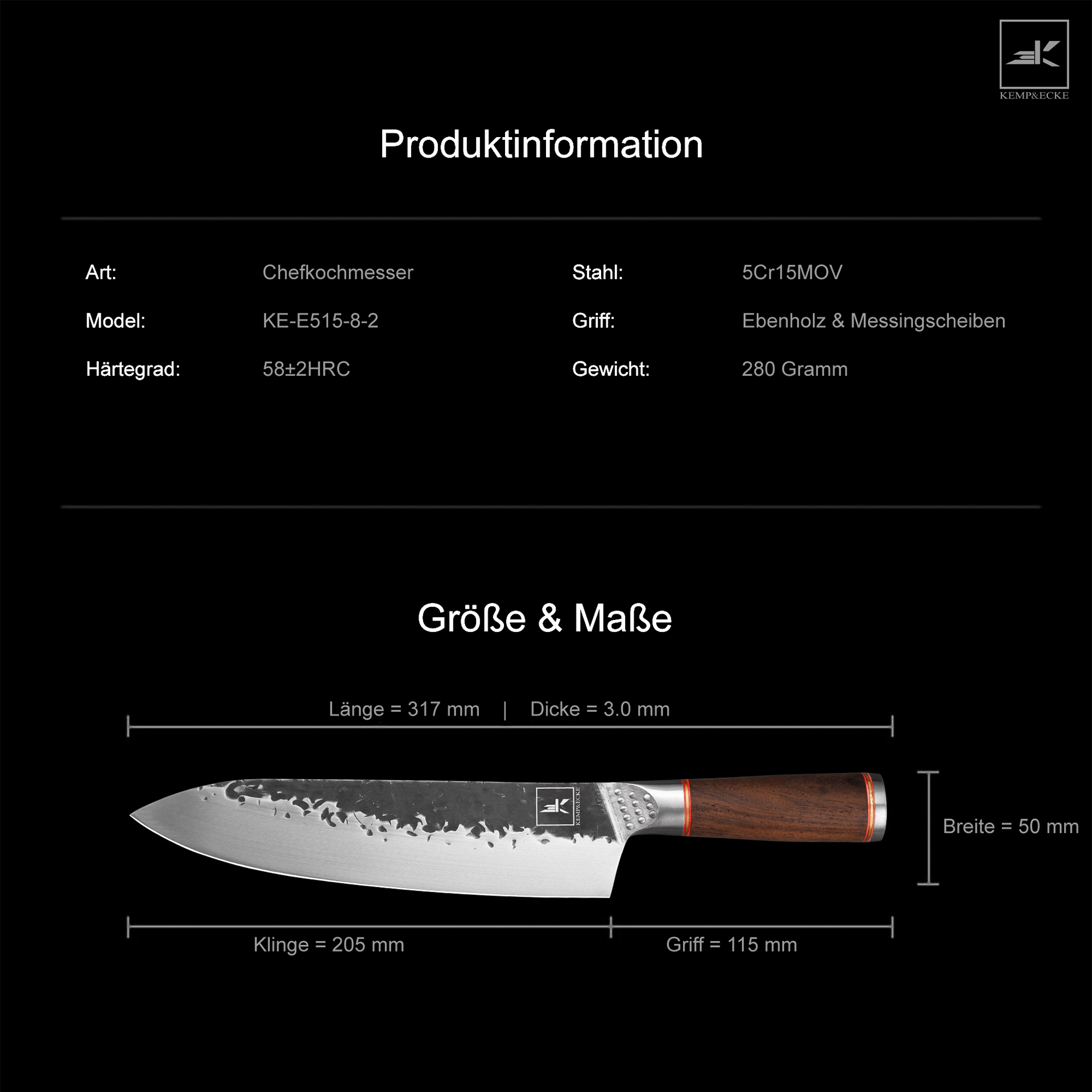 „Kokutan“ Chefmesser 20cm Klinge mit Griff aus Ebenholz