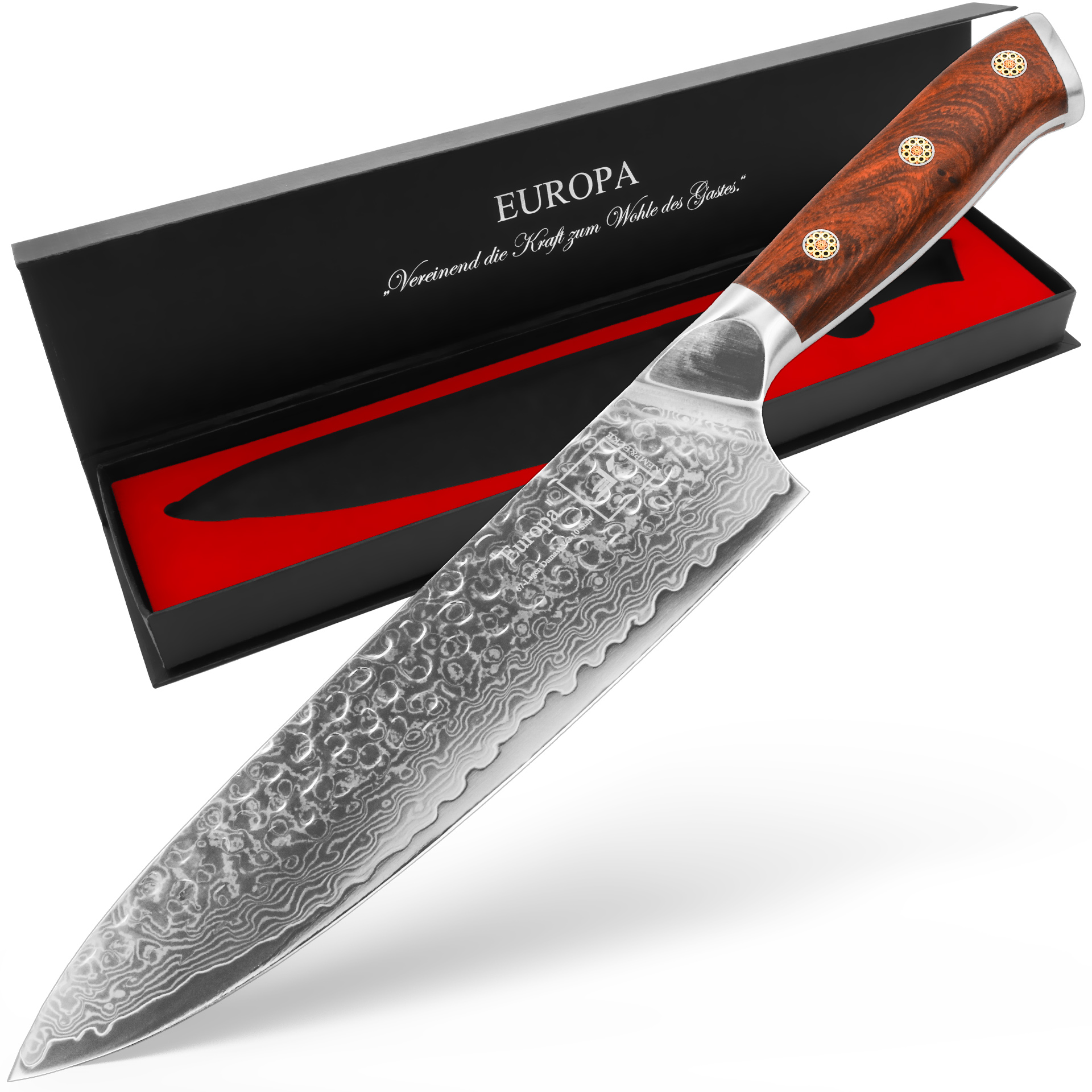 “Europa” Damastmesser Chefmesser 20cm Klinge mit Japanischem VG10 67-Schicht Damaststahl und Griff aus Wüsteneisenholz